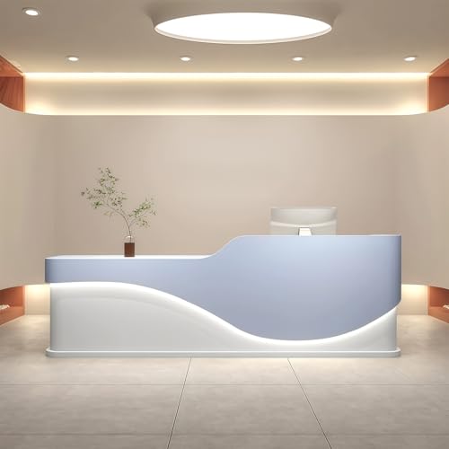 L-Shaped Reception Desk - Modern Reception Desk, Retail Counter and Checkout Desks with Storage Counter and Concealed LED Lighting. No Assembly Required, for Offices, Shopping Malls or Beauty Salons