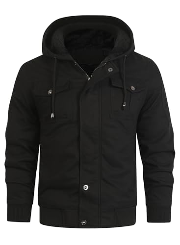 HOOD CREW Men’s Casual Winter Jackets Thick Cotton Warm Fleece Lined Coats Multi Pockets Cargo Work Jacket with Hood