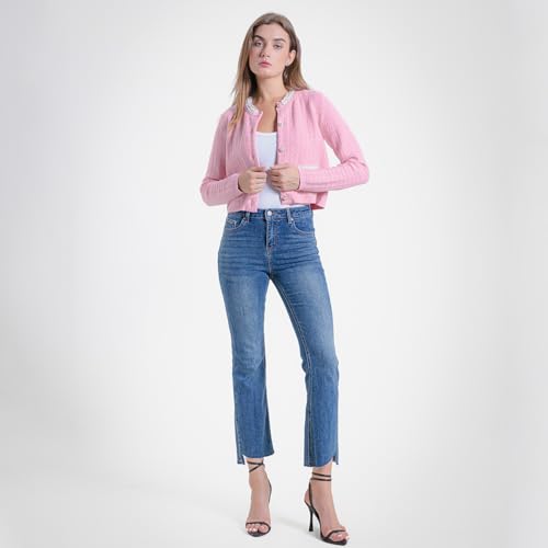 Image of URBAN REVIVO Womens Cropped Cardigan Sweaters Open Front Casual Long Sleeve Knit Pearl Button Down Crew Neck Jacket 2025