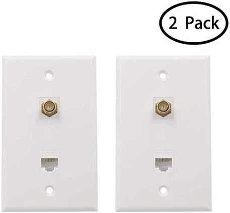 MicVista CT02 1 Cat6 Ethernet Port and 1 Gold-Plated Cable TV Coax F Type Port Wall Plate Pack of 2 - White