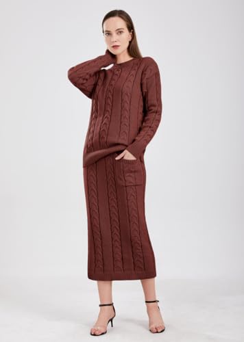Image of chouyatou Women Winter Casual Chunky Cable Knit Long Pencil Skirt 2 Piece Outfit Oversized Pullover Sweater Sets