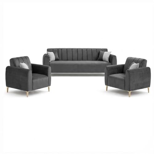 Image of Habibi Rich Velvet Suede 3+1+1 Seater Sofa Set | Spacious Soft Touch Comfort Seating | 5 Person Seating | Modern Living Room Sofa Set (Dark Gray)