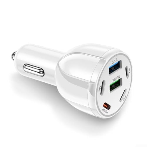 6 Port USB C Car Charger with For QC3.0 and PD 30W Fast Charging Capability for Multiple For phones and Tablets (White)