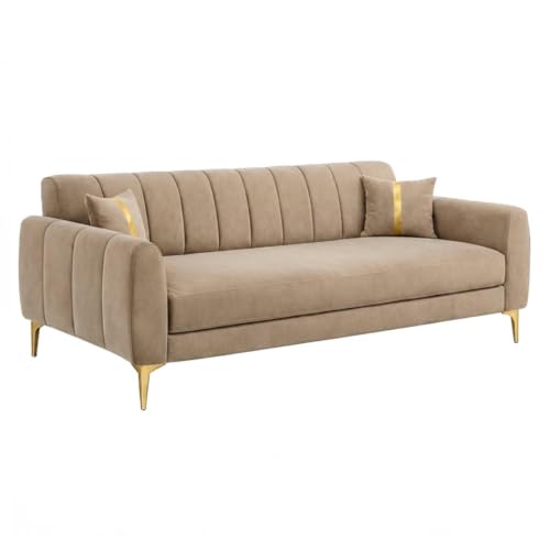 Image of Hermione Luxe Velvet-Suede Fabric 3 Seater + 1 Seater + 1 Seater Sofa Set | Golden Legs | Comfortable & Spacious Seating | Modern Sofa Set for Living Room - Beige