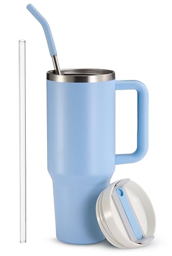 Image of KooK Stainless Steel Tumbler, with Straw and Handle, Leakproof, Vacuum Insulated Travel Coffee Mug, Reusable Double Walled Water Bottle, Keeps Hot or Cold, 40 oz, Sky Blue