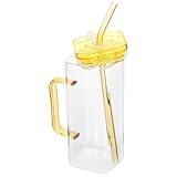 EXHUMKY Vaso de Vidrio de Borosilicato Alto, Taza Cuadrada Transparente para Beber, Color Amarillo, sin Doble Pared, Capacidad Media, Adecuado para Café Helado, Jugos y Bebidas en Casa