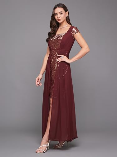 Image of Miss Chase Women's Round Neck Sleeve Embellished Fit Flare Maxi Dress