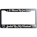 URCustomPro Blessed by God Spoiled by My Husband Black Metal License Plate Frame Heavy Duty, Funny H