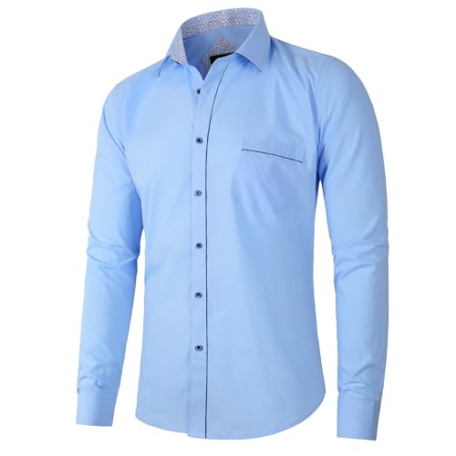 Beninos Men\'s Casual Long Sleeve Stretch Dress Shirt Wrinkle-Free Slim Fit Button Down Shirts (5620 Light Blue, L) - Thumbnail 2