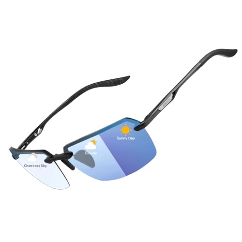 Image of BIRCEN Mens Metal Photochromic Sunglasses: UV Protection Al-Mg Sun Glasses Ultra-light Rimless Shades for Driving Cycling