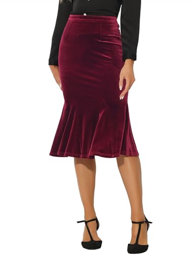 Allegra K Women's Feminine Chic Retro Elastic Waist Velvet Fishtail Mermaid Bodycon Skirt Red XL