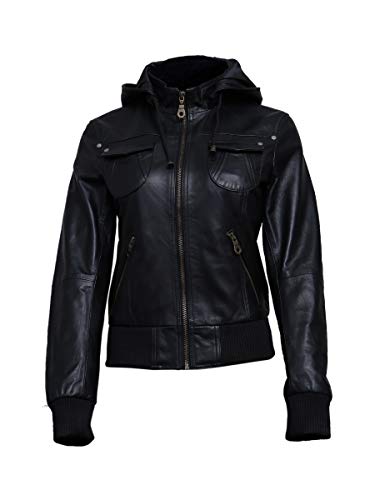 Artistry Womens Genuine Lambskin Leather Motorcycle Jacket with Removable Leather Hood Black - Hooded leather bomber jacket2