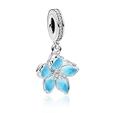 Elegant Blue Cherry Blossom Charm - Sterling Silver 925 Bead Charm with Silver Base, Pandora Compatible Bracelet Charm for Women, Unique Floral Pendant Gift
