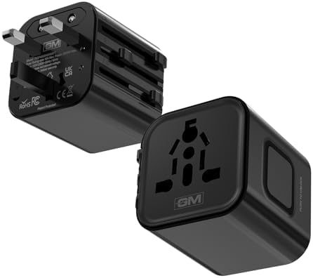 GM G+ Compact Travel Adapter | Universal All-in-One Worldwide Plug (US/UK/EU/AU) | Multi-Device Charging | Smart Safety Protection | Foldable, Fire-Resistant Travel Charger for 150+ Countries - Black
