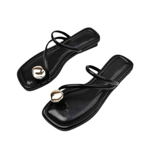 Women'S Leather Strappy Flat Metal Toe Ring Sandals Fashionable Square Open Toe Low Block Heel Slip-On Clip Toe Slide Sandals Casual Summer Beach Slipper