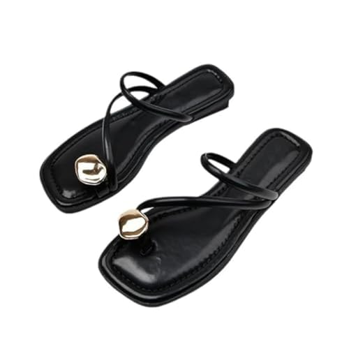 Image of Women'S Leather Strappy Flat Metal Toe Ring Sandals Fashionable Square Open Toe Low Block Heel Slip-On Clip Toe Slide Sandals Casual Summer Beach Slipper