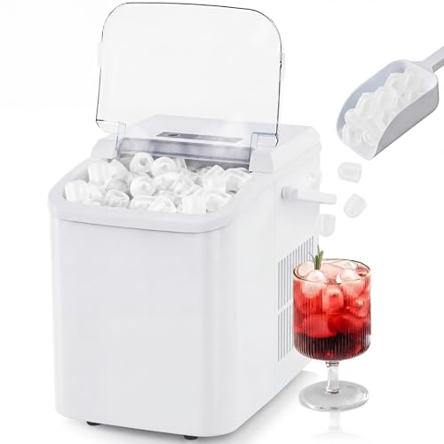 Ice Makers Countertop, Portable Ice Machine with Handle, 6 Mins 9 Bullet Ice Cubes with Basket and Scoop, 26lbs in 24Hrs, Auto-Cleaning, for Home, Kitchen, RV, Camping, White