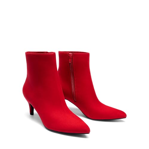 DREAM PAIRS Women's Kitten Heel Ankle Boots Pointed Toe Side Zipper Fall Leather Ankle Booties for Office Work,Size 8,Red,DWUMAB2516