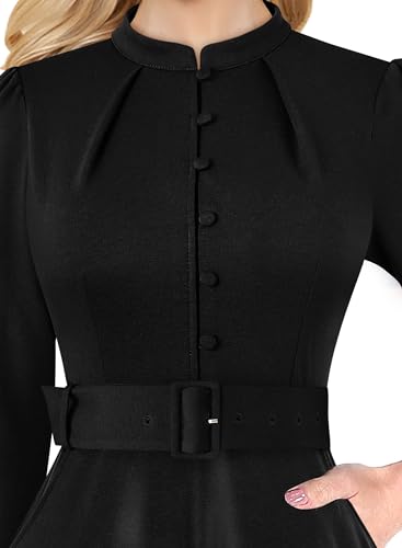 VFSHOW Womens 2024 Business Work Office 3/4 Sleeve Pockets Belted Buttons Elegant Fit and Flare A-Line Dress3