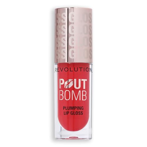 Image of Revolution Beauty, Pout Bomb Plumping Lip Gloss, High-Shine for Glossy, Fuller & Plump Lips with Hyaluronic Acid & Peptides, Vegan & Cruelty-Free (Cherry Sheer Red, 4.6ml)