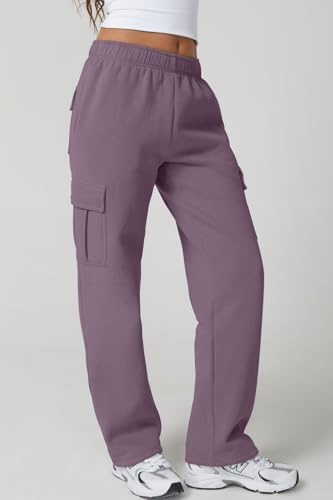 Image of QINSEN Baggy Medium Waist Elastic Sweatpants for Womens Casual Long Fleece Cargo Pants with Pockets