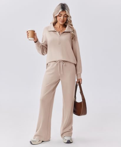 Image of PINSPARK 2 Piece Sets for Women 1 /2 Zip Sweatsuit Loose Fit Sweatshirt Straight Leg Pants 2026 Matching Outfit Fall Tracksuit