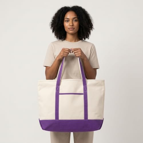 Image of Extra Large Zippered Tote Bag - Heavy Duty Purple Canvas Tote Bag for Picnic, Beach or Shopping - Sturdy, Premium Quality, Washable, Foldable and Double Stitched Cotton Canvas Tote (Purple)