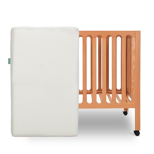 Newton Baby Galileo Mini Crib Solid Beech Wood with Wheels in Chestnut Color Mini Crib Mattress Included Adjustable Mattress Height Ultra-Safe Non-Toxic Finish