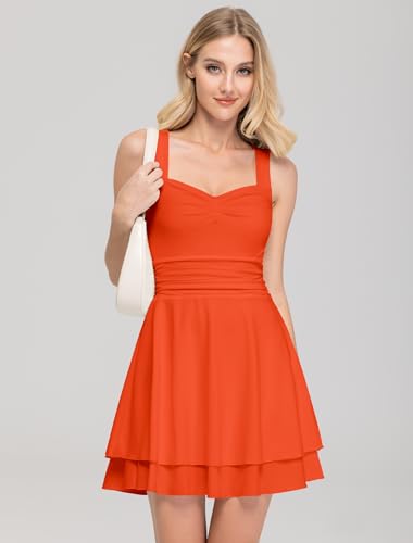 Image of IWD Women's Square Neck Sleeveless Mini Dress Ruched Waist Tiered Ruffle Hem A Line Short Dresses