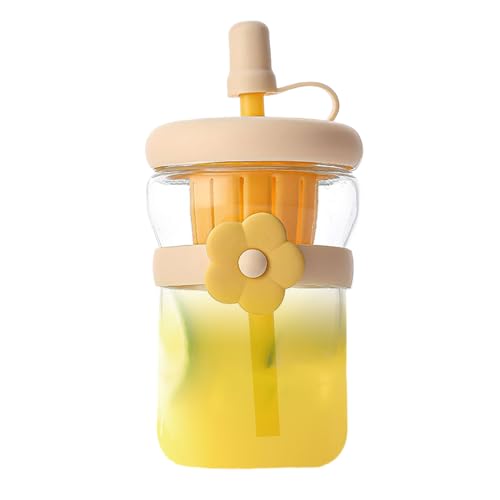 ガラスボトル 蓋付き | 500ml ジュース用ガラスボトル フタ付き,シリコンストロー付き 漏れ防止 コーヒーマグフラスク | ホット コールド 飲料 茶 牛乳 ジュース 男女兼用