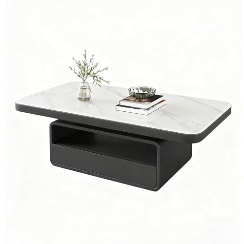 Image of KAFHGEIN Modern Coffee Tables for Living Room Tables, Storage Drawers Coffee Tables, Solid Wood Two-Tier Center Table(Black Glossy White,110cm)