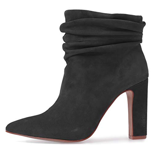YDN Women Slouch Ankle Boot Pointed Toe Chunky High Heel Pull On Booties Winter Shoe2