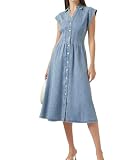 Women's Button Down Denim Dress Short Sleeve V Neck Midi Casual Babydoll Jean Shirt Dresses Blue