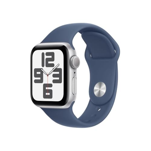 Apple Watch SE (2. Generation) GPS 40 mm Smartwatch mit Aluminiumgehäuse in Silber und Sportarmband in Denim (S/M). Fitness und Schlaftracker, Unfallerkennung, Herzfrequenzmesser, Retina Display