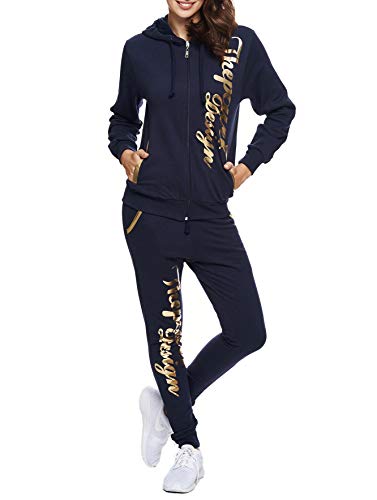 Violento Damen Jogginganzug Jogging Hose Jacke Sportanzug Sporthose Fitness Hoodie Hose Navyblau/Gold M [39-40]