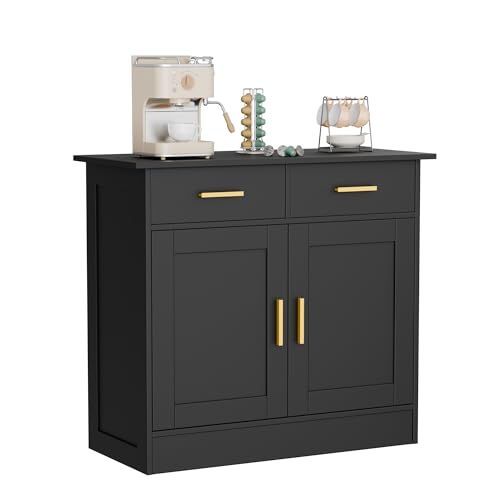 Buffet Cabinet with Storage - Buffets & Sideboards Kitchen Storage Cabinet, Wood Console Table Coffee Bar Accent Cabinets for Living Room Dining Room Entryway Small 2 Doors & Drawers, Black 35.4'W