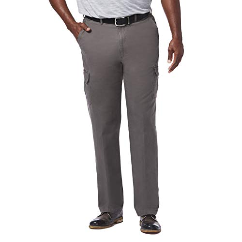 Haggar Men's Big-Tall Stretch Comfort Cargo Expandable Waist Classic Fit Plain Front Pant, Medium Grey, 48x29