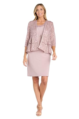 Image of R&M Richards Women's Elegant Sheath Ensemble W /Tiered Glitter Lace Jacket - Formal Evening Wear, Wedding Guest