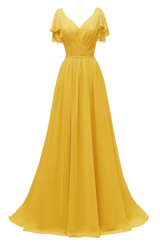 Image of Yexinbridal Ruffle Sleeves Bridesmaid Dresses V-Neck Chiffon Long Formal Wedding Evening Party Gowns for Women
