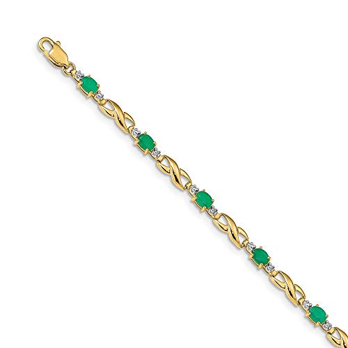 Solid 14K Yellow Gold Diamond And Emerald Green May Gemstone Oval Bracelet - With Secure Lobster Lock Clasp 7" (Width = 4Mm) (.01 Cttw.) #TOP15