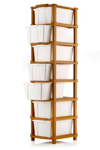 Image of 7 XL Plastic Modular Drawer System for Home, Office, Hospital, Parlor, School, Doctors, Home and Kids, Product Dimension When Asembeled (28Cmx35Cmx120Cm)(White Brown, 7XL)