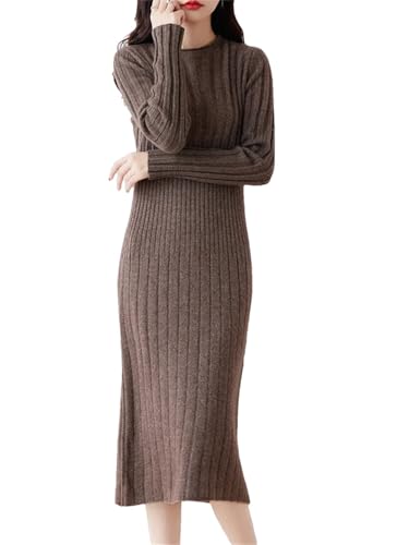 Pegsmio Elegant Women's Winter Cashmere Dresses O-Neck Wool Dresses Coffee