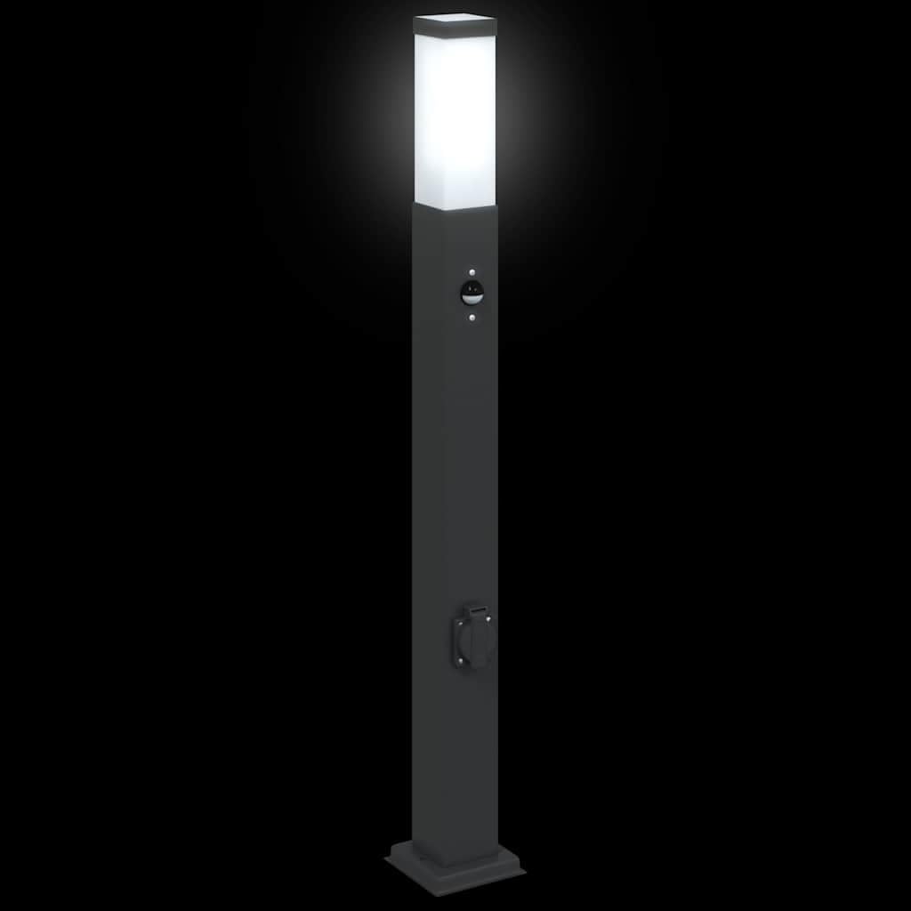Lampadari con sensore e presa, 3 pezzi, 80 cm, in acciaio inox, nero, IP44, illuminazione per esterni, giardino, terrazza, vialetto, con sensore di movimento e diffusore