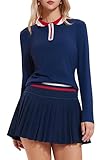 Tennis Skirt Sets for Women Zipper Color Block High Waisted Golf Polo Two Piece Skirt Set Women 2 Piece Outfits