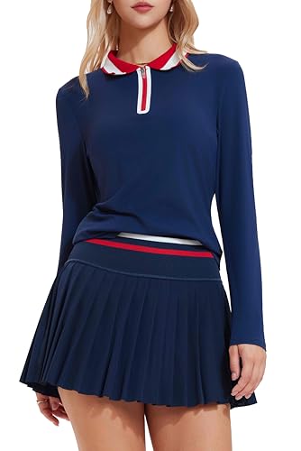Image of Tennis Skirt Sets for Women Zipper Color Block High Waisted Golf Polo Two Piece Skirt Set Women 2 Piece Outfits