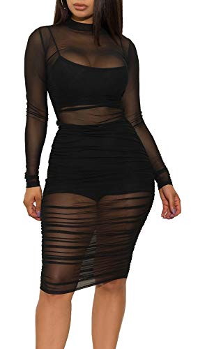 Blansdi Women Sexy Mesh See Through Ruched Long Sleeve Dress Spaghetti Strap Crop Top and Shorts 3 Piece Outfits Set Black Large