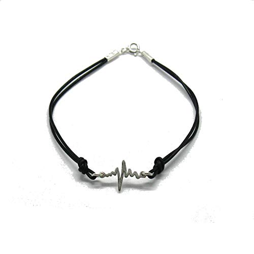 Bracelet cardiogramme argent 925 massif et cuir véritable B000225 bijou tendance