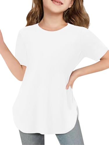 Girls Short Sleeve T Shirts Kids Summer Crewneck Curved Hem Tunic Tops Basic Tee - Main Image