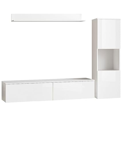 MINIO go for it - Ensemble D'éléments Muraux 3 Pièces Parma I Suspendu Ou Debout I Highboard I Lowboard I Panneau Mural I Éclairage LED I Blanc/Blanc Brillant