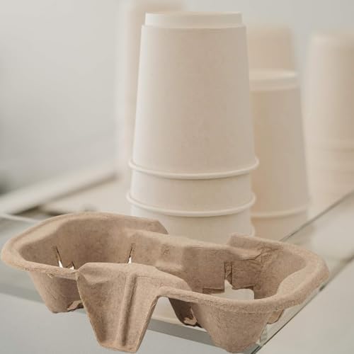 KOHAND 2 Cup Pulp Fiber Drink Carrier, 100 Pack Biodegradable Disposable Take-Out Cup Carriers Holders for Coffee, Hot Cold Drinks, Beverages Transportation, Food Delivery Service 8.6X 4.3x1.7 inch